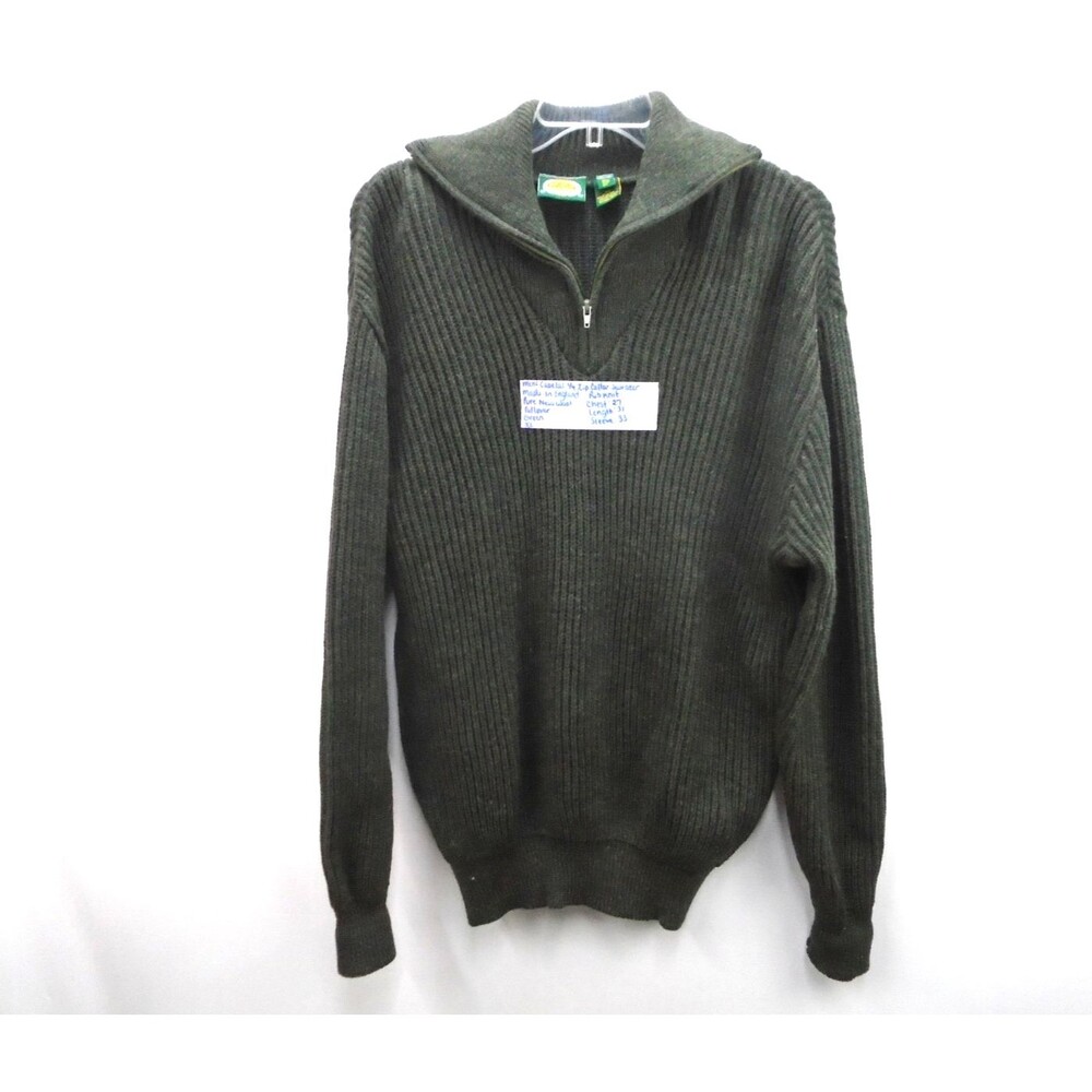 Cabela’s Mens XL 1/4 Zip Ribbed Sweater Green 100% Pure New Wool Made In England